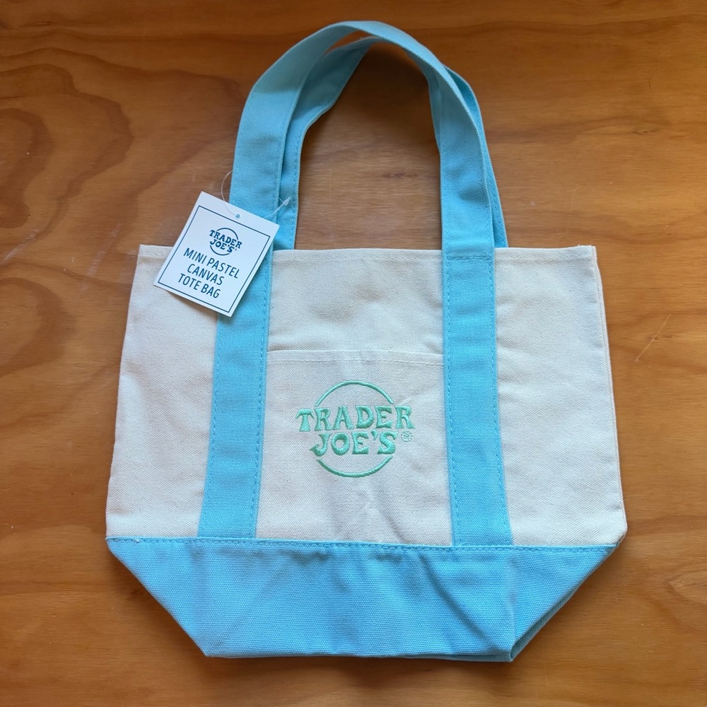 NWT Trader Joe's Pastel Blue and Cream Mini Canvas Tote.
